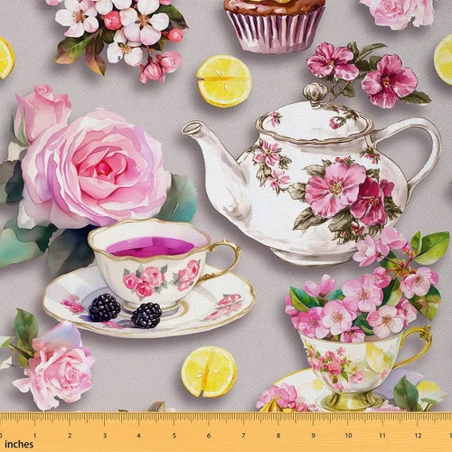 Feelyou The Yard - Tela para tapicería de té de la tarde, tazas de té de estilo vintage, tela de tapicería floral para sillas, flores de rosas