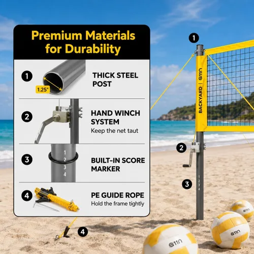 Miniatura 6 de A11N SPORTS Outdoor Volleyball and Badminton Combo Set - Includes Adjustable Height Anti-Sag Net, Volleyball, Air Pump, 4 Badminton Rackets, 2