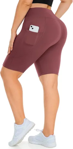 Miniatura 11 de MOREFEEL Pantalones cortos de ciclismo de talla grande de 8 pulgadas con bolsillos para mujer, cintura alta, control de abdomen, pantalones cortos