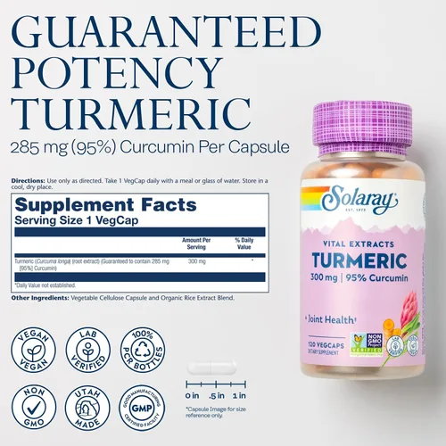 Miniatura 3 de SOLARAY Cúrcuma 300 mg - Suplemento de apoyo articular - Extracto de raíz de cúrcuma con 95% de curcumina - Apoyo a la salud de las articulaciones