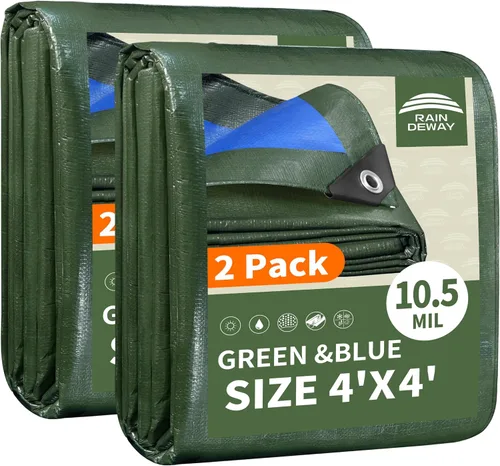 RAINDEWAY Lona pequeña impermeable de 4 x 4 pies (paquete de 2), lonas resistentes impermeables de 10,5 mil con ojales de metal y bordes reforzados,