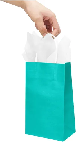 Miniatura 7 de DjinnGlory Paquete de 24 bolsas de papel verde azulado de tamaño pequeño de 9 x 5.5 x 3.15 pulgadas con 24 papel de seda blanco, bolsas azul