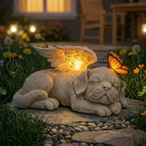 WONDER GARDEN Estatua de Ángel Perro Durmiendo con Luz Solar - Piedra Conmemorativa para Mascotas, en Memoria de Perro, Estatuas de Tributo Cachorro