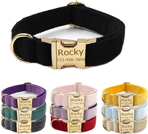 Collares de terciopelo personalizados para perros con nombre de mascota y número de teléfono grabado, collar suave ajustable personalizado con Negro