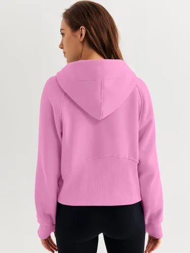 Miniatura 5 de WYNNQUE Sudadera corta con capucha para mujer, manga larga, forro polar, media cremallera, ropa de otoño