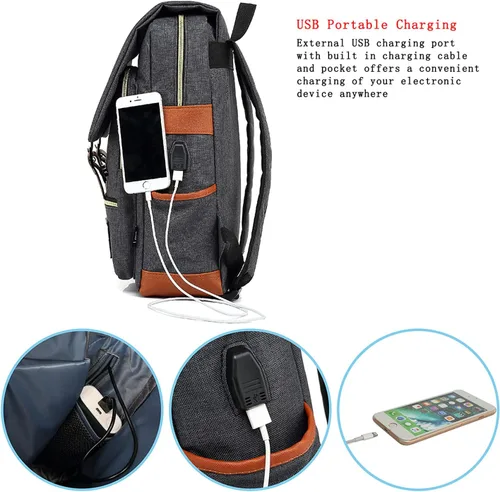 Miniatura 2 de UGRACE - Mochila vintage para portátil con puerto de carga USB, elegante mochila de viaje resistente al agua, mochilas casuales para hombres y Negro