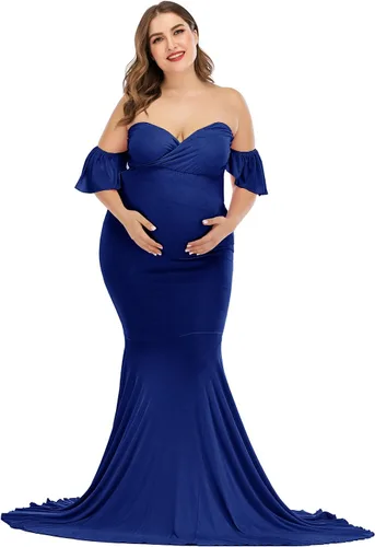 ZIUMUDY Vestido de maternidad con hombros descubiertos y elegante para sesión de fotos, vestido de sirena envolvente para baby shower