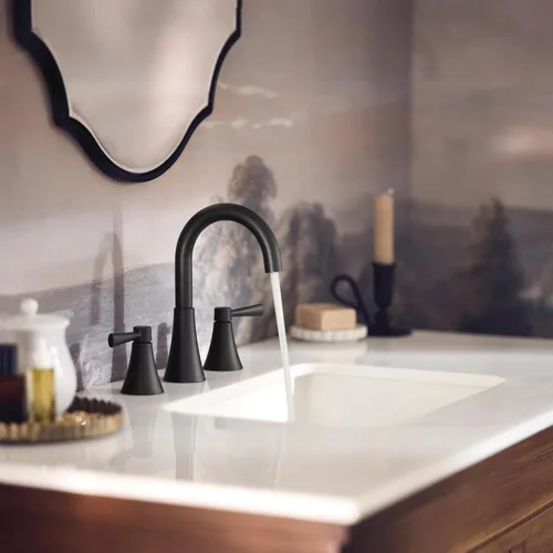 Miniatura 9 de Moen Ronan Grifo de baño moderno extendido de dos manijas negro mate, válvula incluida, 84023BL