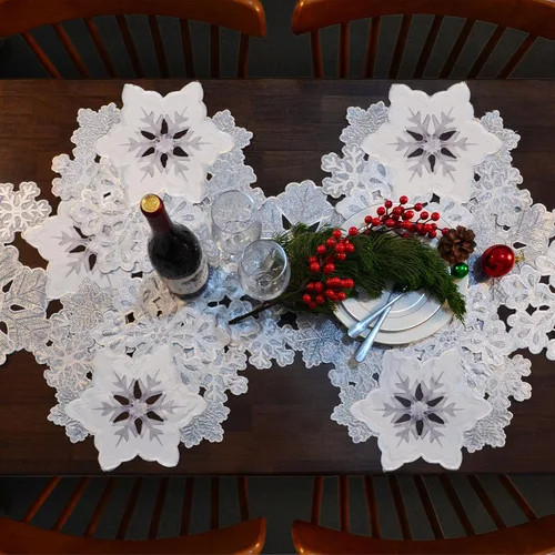 Miniatura 6 de Grelucgo Camino de mesa bordado a máquina y cortado a mano con copos de nieve gris plateado y blanco para vacaciones de Navidad (13.5 x 69 pulgadas)