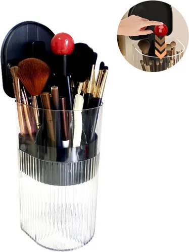 Miniatura 7 de Soporte para brochas de maquillaje con tapa, mecanismo de apertura y cierre con una sola mano, organizador de herramientas cosméticas, transparente