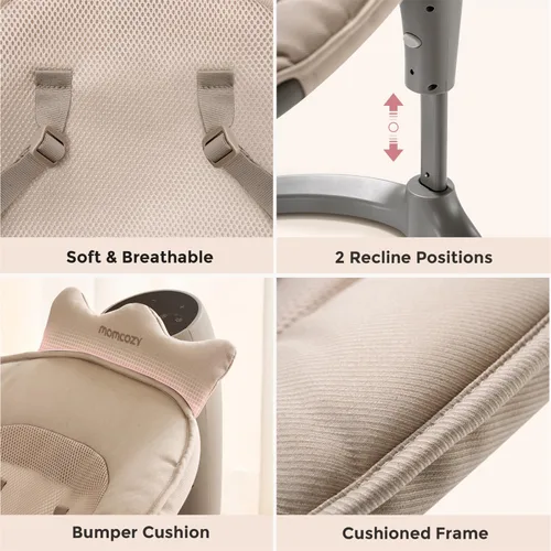Miniatura 8 de Momcozy Columpio Eléctrico 2 en 1 para Bebé, Sistema de Soporte de Doble Brazo y Movimientos Inspirados por los Padres, Convertible a Asiento