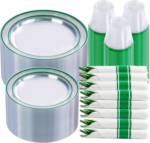 Miniatura 15 de I00000 - Juego de vajilla de plástico verde de 210 piezas para 30 invitados Incluye: 30 platos de cena transparentes de plástico verde, 30 platos