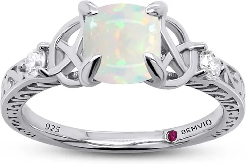 Anillo de compromiso solitario con nudo celta vintage para mujer, 0.236 pulgadas, corte cojín, ópalo blanco natural y diamante en oro de 14 quilates