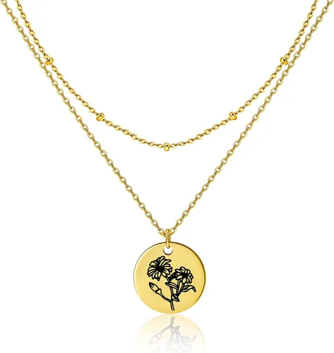 Collar con colgante de flor del mes de nacimiento, chapado en oro de 18 quilates, delicado y sencillo mes de nacimiento, colgante de disco floral,