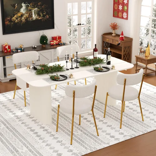 Miniatura 14 de Juego de mesa de comedor ovalada negra moderna de 70.9 pulgadas para 4, mesa de cocina rectangular estilo crema con sillas negras Boucle, juego