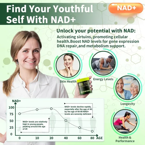 Miniatura 3 de Suplemento NAD, nicotinamida liposomal ribósido resveratrol 250 mg, alternativa a NMN, suplemento NAD de alta pureza para mujeres y hombres