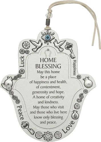 Miniatura 6 de Decoración de pared Hamsa de la buena suerte con bendición del hogar en inglés de 19 cm con motivo de granadas púrpuras - Mano Hamsa para colgar