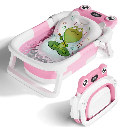 Miniatura 13 de Bañera para bebé, bañera plegable para recién nacidos de 0 a 24 meses con cojín suave y termómetro, bañera portátil de viaje para recién nacidos