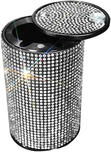 Miniatura 10 de Cenicero portátil con tapa, a prueba de olores, cenicero de automóvil de diamantes de cristal para mujeres, mini bote de basura ideal para Negro