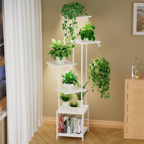 Miniatura 9 de Homsorout Soporte para plantas de interior con luz de crecimiento, soporte alto para plantas de 5 niveles para interiores, estante de metal