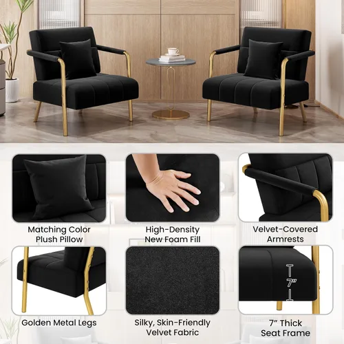 Miniatura 5 de Yaheetech Silla decorativa de terciopelo de 30 pulgadas de ancho, silla de sala de estar con marco dorado y almohada acogedora para sala de estar