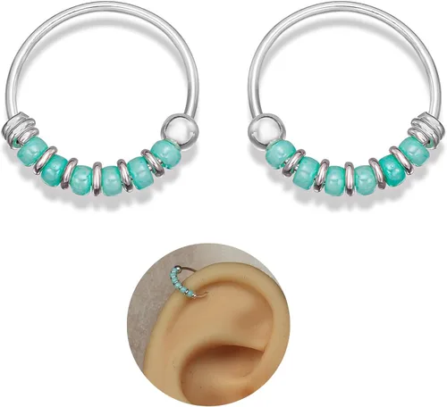 Miniatura 10 de Creations - Par de aretes de aro hechos a mano con cuentas de cartílago pequeño de 0.394 pulgadas, plata de ley 925, cuentas de color blanco, aros