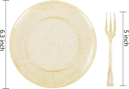 Miniatura 2 de Festiva 200 platos de postre dorados con purpurina de 6.3 pulgadas con tenedores de 5 pulgadas, platos pequeños de plástico para postre, pasteles