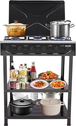 Estufa de gas de 5 quemadores, estufa de cocina portátil de NG/LPG blanca con estantes de almacenamiento dobles, encendido manual para interiores y
