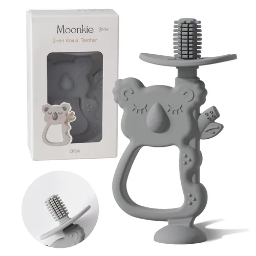 Miniatura 10 de Moonkie Juguete de dentición, mordedores de silicona seguros y fáciles de sostener, sin BPA, cepillo de dientes de bebé de 360° con base de succión