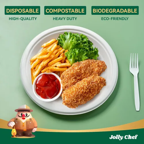 Miniatura 3 de JOLLY CHEF Platos compostables resistentes de 10 pulgadas [paquete de 125] Platos desechables ecológicos blancos hechos de bagazo biodegradables