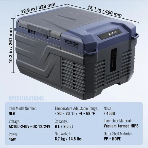 Miniatura 7 de VEVOR Refrigerador de automóvil, refrigerador de coche de 12 voltios, refrigerador portátil de congelador de una sola zona de 9 L, rango ajustable
