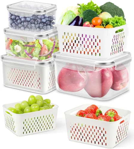 TBMAXS 4 Pack Food Storage Containers Fruit Containers for Fridge with Colander Airtight BPA Free Plastic Berry Keeper Container Produce Saver