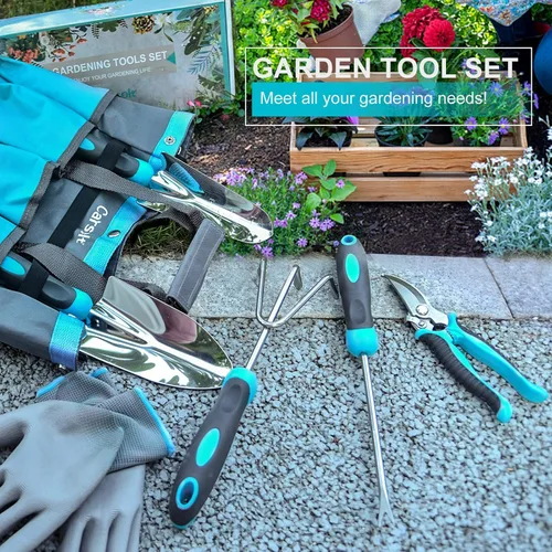 Miniatura 7 de Herramientas de jardinería, Carsolt juego de 10 piezas de herramientas de jardín de acero inoxidable resistente con mango ergonómico de goma.
