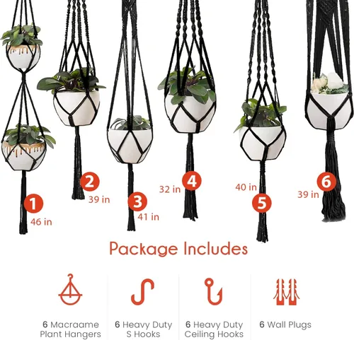 Miniatura 3 de Feedee Ganchos de macramé para plantas, paquete de 6, color negro, interior/exterior, algodón