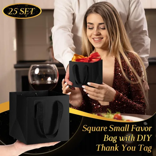 Miniatura 3 de Windyun 25 mini bolsas de regalo de papel con asa de 6 x 6 x 6 pulgadas, pequeñas bolsas cuadradas con etiqueta de agradecimiento para Navidad