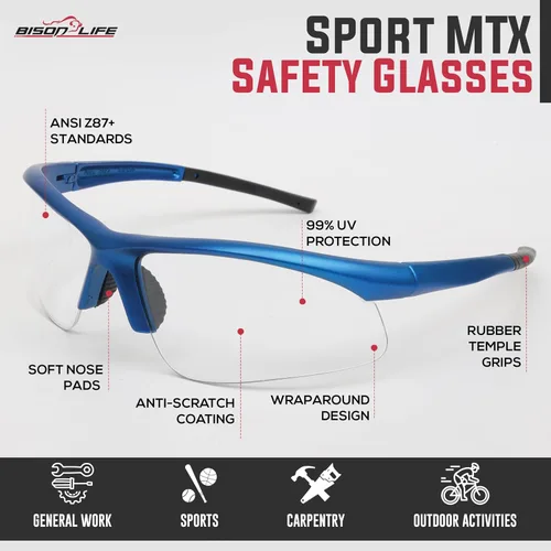 Miniatura 2 de BISON LIFE Sport MTX - Gafas de seguridad transparentes con patillas azules, ANSI Z87+, resistentes a los impactos, lentes de protección UV