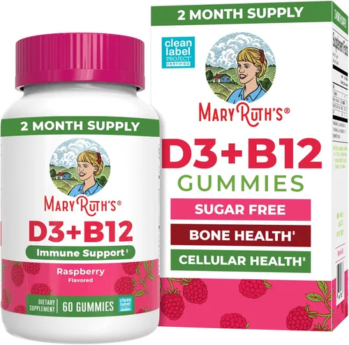 MARYRUTH'S Gomitas de vitamina D3 + B12 para mayores de 4 años | Sin azúcar | Salud ósea | Apoyo inmunológico | Metabolismo energético | Función