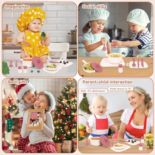 Miniatura 5 de TYRY.HU 11 piezas de juguetes de cocina para niños sin BPA, juegos de comida de silicona, juguetes de cocina con ollas y sartenes, juguetes de Rosa