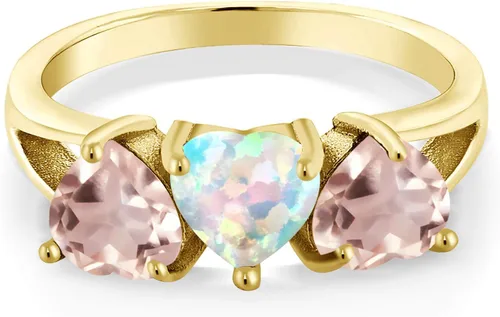 Miniatura 2 de Gem Stone King 18K Yellow Gold Plated Silver White Simulated Opal Rose Rose Quartz Ring For Women (2.15 Cttw, Available In Size 5, 6, 7, 8, 9)