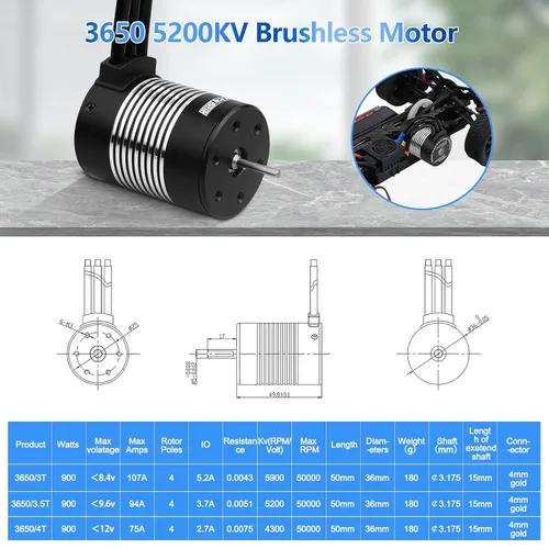Miniatura 4 de Motor sin escobillas para coche RC 1/10 540 3650 5200KV con eje de 3.175 mm de alta velocidad, motor impermeable para la mayoría de las piezas