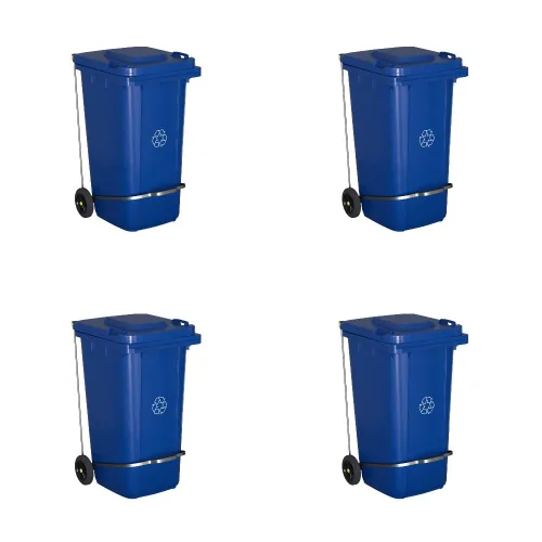 Bote de basura rectangular con ruedas de 64 galones, color azul, con tapa y accesorio para escalonar, juego de 4