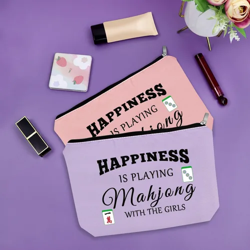 Miniatura 7 de Sazuwu Mahjong - Bolsa de maquillaje divertida para mujer, Verde, rosa y morado, Juguetón Mahjong Tema