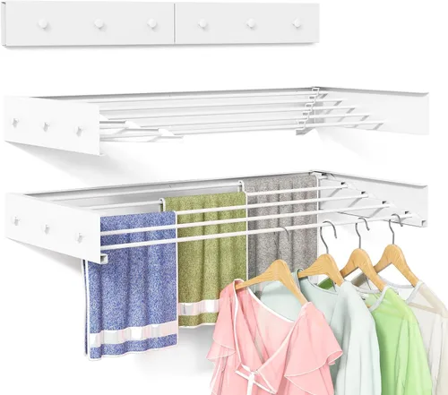 Miniatura 7 de Tendedero de pared para lavandería de 23.6 pulgadas, tendedero plegable para secar ropa montado en la pared con 4 ganchos para toallas y 4 varillas