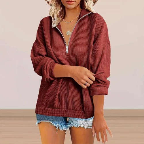 Miniatura 2 de SHENGXINY Womens V Neck 12 Zipper Sweatshirts Loose Long Sleeve Fall Pullover Tops 2023 Basic Plain Shirts Fashion Blouse