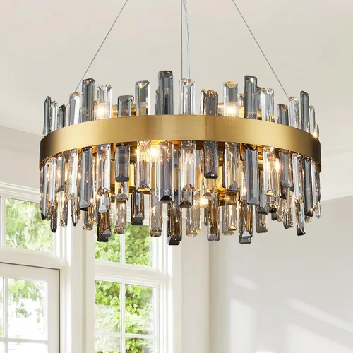 Miniatura 18 de Siljoy Candelabro moderno de cristal de 12 luces de oro cepillado de 2 niveles con forma de gota de lluvia de cristal, ajustable, montaje al ras