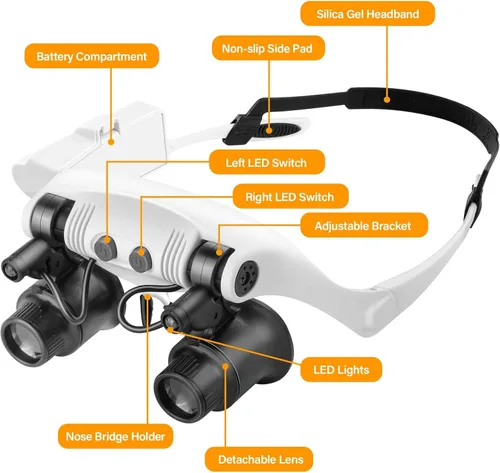 Miniatura 2 de Gafas de aumento para cabeza manos libres, lupa con luz, 1X, 2X, 3X, 5X, 6X, 8X, ideal para joyería, extensiones de pestañas, soldadura, Lupa