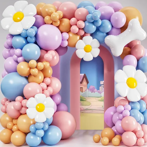 Kit de arco de globos azules TODO EN 1 con globos BONUS de hueso y margarita para decoración de cumpleaños de niña - Guirnalda de globos pastel para