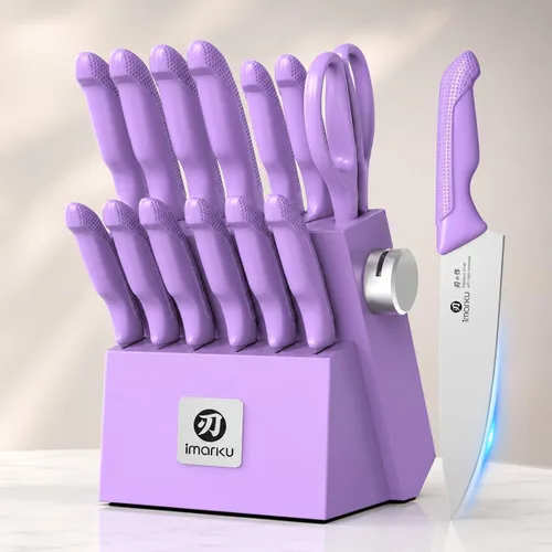 Miniatura 13 de imarku Juego de 14 cuchillos con bloque, juego de cuchillos de cocina de acero inoxidable japonés con afilador integrado, asas ergonómicas