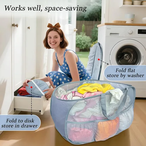Miniatura 4 de Cestas plegables para la ropa sucia, paquete de 2 cestas de malla desplegable con asas, cesta portátil para escalera, cubo plegable para dormitorio