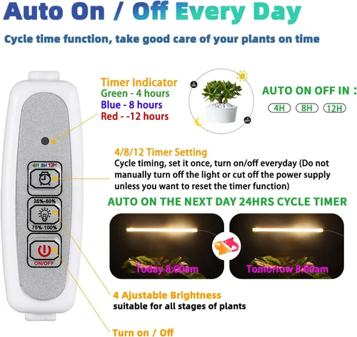 Miniatura 3 de RWNTAO Lámpara de cultivo de una tira de 2 unidades, tiras de luz LED de espectro completo para plantas de interior con temporizador de encendido